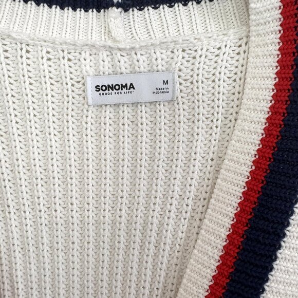 Sonoma Button Front Pocket Cardigan Sweater Ivory Red & Blue Trim Size Medium - Picture 5 of 6